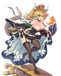  :d armlet bare_shoulders black_dress blonde_hair blue_earrings blue_eyes bowsette bracelet breasts breathing_fire brown_legwear cleavage collar collarbone commentary_request crown dress dress_lift earrings fire garter_straps hhama highres horns jewelry large_breasts lifted_by_self lizard_tail looking_at_viewer mario_(series) new_super_mario_bros._u_deluxe open_mouth pointy_ears ponytail sharp_teeth short_hair simple_background smile solo spiked_armlet spiked_bracelet spiked_collar spikes super_crown tail teeth thighhighs white_background 