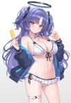  1girl bikini blue_archive blush breasts cleavage closed_mouth commentary food groin highres holding holding_food jacket kaworu_(1030) large_breasts long_hair long_sleeves open_clothes open_jacket popsicle purple_eyes purple_hair simple_background solo swimsuit symbol-only_commentary thigh_strap two_side_up white_background white_bikini white_jacket yuuka_(blue_archive) 
