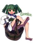  1girl absurdres barefoot blush bucket commentary full_body green_eyes green_hair hair_bobbles hair_ornament highres japanese_clothes kimono kisume long_sleeves looking_at_viewer one-hour_drawing_challenge open_mouth renshirenji sash sitting solo sweat touhou twitter_username two_side_up white_kimono 