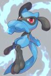  aura black_fur blue_fur blue_tail grey_background highres looking_at_viewer no_humans nullma open_mouth pokemon pokemon_(creature) red_eyes simple_background solo two-tone_fur 