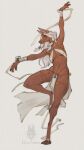  accessory anthro anubian_jackal bottomwear breasts brown_body brown_fur canid canine canis clothed clothing dancing digital_media_(artwork) female fur gem hair hair_accessory hi_res jackal jackal_ears jesenna_(maaarked_one) jewelry loincloth looking_at_viewer mammal navel necklace ribbons runasolaris silk simple_background skimpy solo tassels topwear white_hair wraps wrist_wraps 
