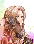  1boy 1girl aerith_gainsborough artist_name braid braided_ponytail brown_gloves brown_hair closed_mouth cloud_strife falling_petals final_fantasy final_fantasy_vii final_fantasy_vii_rebirth final_fantasy_vii_remake gloves green_eyes hair_ribbon hand_in_another&#039;s_hair hand_on_another&#039;s_cheek hand_on_another&#039;s_face hetero highres holding_another&#039;s_wrist jacket long_hair looking_at_another parted_bangs petals pink_ribbon red_jacket ribbon sidelocks single_braid smile upper_body wavy_hair yco_030601 yellow_petals 