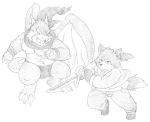  2015 anthro canine clothed clothing dragon duo humanoid_hands mammal melee_weapon pants simple_background sword tiger_cub weapon white_background 