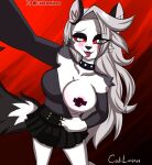  anthro bottomwear breasts caliluminos canid canid_demon canine censored clothing demon female flashing flashing_breasts hellhound helluva_boss hi_res invalid_tag loona_(helluva_boss) mammal mythological_canine mythological_creature mythology nipple_tape pasties selfie skirt solo tape ych 