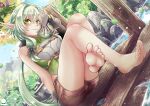  1girl asymmetrical_sleeves barefoot black_bow black_gloves blush bow brown_shorts dutch_angle elf fantasy gensox gloves goblin_slayer! green_eyes green_hair hair_between_eyes hair_bow hair_intakes high_elf_archer_(goblin_slayer!) highres leaf long_hair looking_at_viewer outdoors patreon_username pointy_ears rock shorts sidelocks sitting smile solo tree uneven_sleeves very_long_hair water wood 