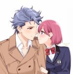  1boy 1girl artist_name blue_jacket blush bob_cut bow bowtie brown_coat buttons coat collared_shirt dated double-breasted grey_hair habataki_academy_school_uniform hair_between_eyes holding_another&#039;s_arm jacket krudears pink_hair protagonist_(tokimemo_gs3) purple_eyes red_bow red_bowtie red_eyes school_uniform shirt shitara_seiji short_hair smile tokimeki_memorial tokimeki_memorial_girl&#039;s_side_3rd_story upper_body wavy_hair white_background white_shirt 