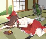  1girl absurdres barley_tea bow breasts brown_eyes brown_hair chest_sarashi cleavage commentary_request electric_fan frilled_bow frilled_hair_tubes frills hair_bow hair_tubes hakurei_reimu highres ice ice_cube indoors long_hair lying navel partially_undressed red_bow red_skirt sarashi sasaki_sakiko shouji skirt sliding_doors solo sweat tatami touhou 