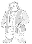  2015 anthro belly canine clothing humanoid_hands male mammal overweight overweight_male robe simple_background solo tanuki tiger_cub white_background 