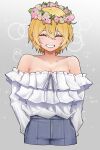  1girl ^_^ absurdres alternate_costume bare_shoulders blonde_hair blush breasts casual cjrb1228 cleavage closed_eyes collarbone cropped_legs don_quixote_(project_moon) facing_viewer grin head_wreath highres limbus_company off-shoulder_shirt off_shoulder project_moon shirt short_hair smile solo white_shirt 