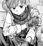  1boy against_wall armor brick_wall chilchuck_tims closed_mouth dungeon_meshi fingerless_gloves gloves greyscale hair_between_eyes highres kaing_pi leather_armor looking_at_viewer male_focus monochrome neck_warmer pants shirt solo sweat twitter_username 