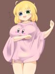  1girl :3 arm_under_breasts arm_up blonde_hair blue_eyes blush breasts brown_background character_print commentary_request cowboy_shot green_eyes heterochromia kirby kirby_(series) large_breasts lets0020 looking_at_viewer medium_bangs open_mouth oversized_clothes oversized_shirt ryouna_(senran_kagura) senran_kagura shirt short_hair simple_background smile solo translation_request wide_sleeves 