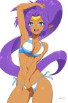  1girl absurdres arm_up armpits artist_name bare_arms bare_shoulders bikini blue_eyes breasts cleavage collarbone commentary dark-skinned_female dark_skin fingernails highres jewelry long_hair looking_at_viewer open_mouth pointy_ears ponytail purple_hair revenantart shantae shantae_(series) shiny_skin side-tie_bikini_bottom signature simple_background smile striped_bikini striped_clothes swimsuit teeth thighs tiara upper_teeth_only white_background 