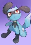  absurdres black_fur blue_fur blue_tail gradient_background highres looking_up no_humans nullma open_mouth pokemon pokemon_(creature) purple_background red_eyes riolu solo standing two-tone_fur 