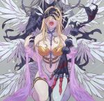  2girls angel_and_devil angel_wings angewomon armor bare_shoulders black_bodysuit blonde_hair bodysuit breastplate breasts chain chain_between_breasts clothing_cutout colored_skin covering_another&#039;s_eyes digimon digimon_(creature) feathered_wings futa_yuri_ryona gloves grey_background grey_hair grey_skin head_out_of_frame head_wings hip_vent ladydevimon large_breasts long_arms long_fingers multiple_girls multiple_wings no_headwear o-ring open_mouth pink_lips pink_ribbon purple_lips revision ribbon simple_background single_glove smirk stomach_cutout tongue torn_bodysuit torn_clothes white_gloves wings yuri 