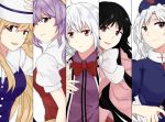  black_hair blonde_hair bow brown_eyes commentary_request green_eyes hair_between_eyes hair_bow hand_on_headwear hat houraisan_kaguya imperishable_night jacket kishin_sagume lavender_hair legacy_of_lunatic_kingdom long_hair long_sleeves looking_at_viewer looking_back multiple_girls nurse nurse_cap partial_commentary pink_shirt purple_eyes purple_shirt rukialice shirt short_sleeves silent_sinner_in_blue smile sun_hat touhou upper_body watatsuki_no_toyohime watatsuki_no_yorihime white_background white_hair wide_sleeves yagokoro_eirin 