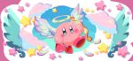 arrow blue_eyes blush bow_(weapon) commentary_request copy_ability feathers halo heart heart-shaped_arrow highres kirby kirby_(series) ninjya_palette no_humans open_mouth solo star weapon white_feathers wings 