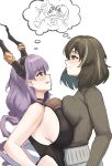  2girls absurdres arknights asymmetrical_docking blush breast_press breasts fang from_side grey_sweater highres horns large_breasts long_hair long_sleeves looking_at_viewer magallan_(arknights) multicolored_hair multiple_girls open_mouth profile purple_eyes purple_hair radioneet short_hair simple_background skin_fang sleeveless smile streaked_hair sweater thought_bubble typhon_(arknights) upper_body very_long_hair white_background 