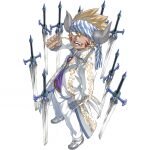  1boy allen_(gate_of_nightmares) belt blonde_hair brown_belt clenched_hand coat facial_mark from_above gate_of_nightmares hand_in_pocket hand_tattoo highres horns long_coat looking_at_viewer mashima_hiro multiple_swords official_alternate_costume official_art one_eye_closed open_clothes open_coat open_mouth pants print_coat purple_shirt shirt shoes short_hair simple_background solo spiked_hair standing sword tattoo teeth tongue tongue_out transparent_background weapon white_coat white_footwear white_pants 