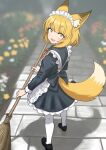  1girl animal_ears apron black_dress black_footwear blonde_hair blurry blurry_background bow broom dress flower fox_ears fox_girl fox_tail frilled_apron frilled_dress frills highres holding holding_broom looking_at_viewer maid nito_(nshtntr) open_mouth original pantyhose shadow shoes short_hair solo standing tail white_apron white_pantyhose yellow_eyes 