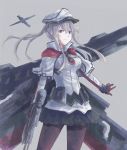  black_legwear black_skirt blonde_hair breasts brown_gloves capelet cowboy_shot cross gloves graf_zeppelin_(kantai_collection) grey_background grey_eyes hair_between_eyes hat highres kantai_collection large_breasts miniskirt necktie pantyhose peaked_cap pleated_skirt sidelocks simple_background skirt solo twintails white_capelet yomi_(yomi14_pyaon) 