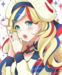  bangs beret blonde_hair blue_eyes blue_hair blue_shirt blush chou2 commandant_teste_(kantai_collection) commentary_request hair_ornament hands_together hat heart highres jacket kantai_collection long_hair looking_at_viewer multicolored multicolored_clothes multicolored_hair multicolored_scarf open_mouth plaid plaid_scarf pom_pom_(clothes) red_hair scarf shirt signature simple_background sparkle sparkle_background streaked_hair swept_bangs twitter_username wavy_hair white_hair yellow_jacket 