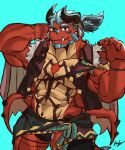  abs anothereidos_of_dragon_vein_r anthro atmos_(anothereidos_r) blue_hair bulge butt_cape butt_wings chest_gem clothed clothing dragon firstfoxred gem hair hi_res horn male muscular muscular_male mythological_creature mythological_scalie mythology navel open_clothing open_topwear open_vest pecs ponytail red_body red_eyes red_scales scales scalie solo standing tan_body tan_scales thong topwear underwear vest wings 