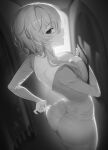  1girl absurdres ass backless_dress backless_outfit breasts cleavage clipboard dress genshin_impact greyscale hair_between_eyes highres holding holding_clipboard ia_(ias1010) looking_at_viewer looking_back lumine_(genshin_impact) monochrome see-through short_hair_with_long_locks taut_clothes taut_dress tight_clothes tight_dress 