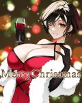  1girl absurdres alcohol bare_shoulders black_hair breasts christmas cleavage cup dress drinking_glass elbow_gloves feather_boa formal gloves highres holding holding_cup koishikawa nijisanji red_dress red_wine shirayuki_tomoe sleeveless sleeveless_dress virtual_youtuber wine wine_glass 