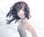  1girl arm_at_side black_hair closed_mouth collarbone completely_nude eyelashes flat_chest green_eyes highres long_hair looking_at_viewer no_nipples nude original solo tatsunaka_(tx3) upper_body water water_drop white_background 