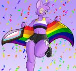  absurd_res ambiguous_gender anthro bat boots bottomwear clothing confetti cutoffs denim denim_bottomwear denim_clothing eyes_closed eyewear fangs flag footwear glasses heart_nose heart_symbol hi_res i_will_dance_only_if_the_beat_is_funky lgbt_pride lgbt_pride_month mammal nonbinary_pride_colors one_leg_up pride_color_clothing pride_color_topwear pride_colors raised_leg shorts smile solo teeth topwear 