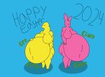 2024 absurd_res anthro avian beak bellies belly big_belly big_breasts bird breasts candy chick chicken dessert duo easter female food food_creature galliform gallus_(genus) happy hare hi_res holidays lagomorph leporid living_candy mammal mandro22 navel navel_outline obese obese_anthro obese_female onomatopoeia overweight overweight_anthro overweight_female peeps phasianid pink_body rabbit rabbit_ears rumbling_stomach satisfaction satisfied satisfied_look short_tail sound_effects tail text yellow_body