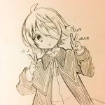  :o aoi_choko_(aoichoco) bandage_over_one_eye bandages coat commentary_request dated double_v heart highres looking_at_viewer male_focus monochrome oliver_(vocaloid) sailor_collar shorts sketch traditional_media triangle_mouth v vocaloid 
