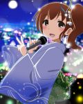  blue_kimono blurry blurry_background blush brown_eyes brown_hair commentary_request earth_ekami eyebrows_visible_through_hair from_side full_moon highres idolmaster japanese_clothes kaga_(kantai_collection) kantai_collection kimono light_particles looking_at_viewer microphone moon music night night_sky open_mouth side_ponytail singing sky smile solo star_(sky) v wide_sleeves 