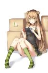  :d absurdres bangs bare_arms bare_shoulders black_choker black_dress blush bow box breasts cardboard_box choker collarbone convenient_leg double_bun dress eyebrows_visible_through_hair full_body girls_frontline green_bow green_eyes green_legwear hair_between_eyes hair_bow handheld_game_console highres holding holding_handheld_game_console kneehighs light_brown_hair long_hair looking_at_viewer mismatched_legwear nintendo_switch no_shoes open_mouth rfb_(girls_frontline) shadow side_bun sitting sleeveless sleeveless_dress small_breasts smile sobmarine solo striped striped_legwear vertical-striped_legwear vertical_stripes very_long_hair white_background 