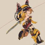  1girl absurdres ass audi audi_quattro blonde_hair bodystocking brown_background cable castrol elbow_gloves gloves highres holding holding_sword holding_weapon leotard looking_back mecha_musume personification rikona short_hair solo sword weapon wheel world_rally_championship yellow_eyes yellow_gloves yellow_leotard 