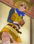  belt blonde_hair brown_eyes brown_gloves brown_skirt closed_mouth cowboy_hat empty_eyes fingerless_gloves gloves haruyama_kazunori hat hugtto!_precure kagayaki_homare looking_down midriff navel panties pantyshot pantyshot_(standing) precure short_hair skirt smile solo standing underwear 