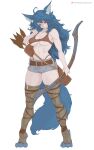  absurd_res animal_ears animal_humanoid areola areola_slip belt blue_hair bottomwear bow_(weapon) canid canine canis claw_(weapon) claws clothing cutoffs denim denim_bottomwear denim_clothing female hair hi_res humanoid leg_wraps legwear mammal melee_weapon paws quiver_(object) ranged_weapon red_eyes shorts solo tezy8 thick_thighs weapon wolf wraps 