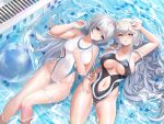  2girls absurdres arknights arm_up ass_visible_through_thighs ball bare_arms bare_legs beachball black_one-piece_swimsuit breasts breasts_apart center_opening clothing_cutout commentary_request competition_swimsuit covered_navel crossed_bangs floating grey_eyes grey_hair highres large_breasts lingshalan long_hair looking_at_viewer lying mulberry_(arknights) multiple_girls navel navel_cutout on_back one-piece_swimsuit outdoors partially_submerged pool rosa_(arknights) sidelocks swimsuit thigh_strap very_long_hair wet white_one-piece_swimsuit 