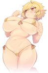  1girl :&lt; absurdres bikini blonde_hair blush breasts cleavage closed_mouth commentary_request curvy gold_bikini groin highres huge_breasts korean_commentary messy_hair navel nyong_nyong original pointy_ears red_eyes short_hair simple_background solo sweat swimsuit white_background 