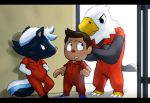  animal_crossing anthro apollo_(animal_crossing) avian bald_eagle bird eagle feathers human joeadok kicks_(animal_crossing) male mammal mephitid nintendo prison skunk smile video_games villager_(animal_crossing) 