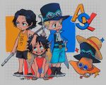 3boys absurdres aged_down alternate_costume artist_name ascot bandaid bandaid_on_face bandaid_on_forehead bandaid_on_nose black_eyes black_footwear black_hair black_hat black_shirt black_shorts blonde_hair blue_coat blue_shorts boots child coat cowboy_hat freckles grid_background hat highres holding_industrial_pipe industrial_pipe initial long_coat looking_at_another monkey_d._luffy multiple_boys one_piece open_clothes open_coat open_mouth orange_tank_top portgas_d._ace red_tank_top sabo_(one_piece) sainttufa sandals shirt short_hair shorts spiked_hair squatting straw_hat tank_top teeth top_hat torn_ascot torn_clothes white_ascot 