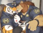  2018 absurd_res anthro biceps clothed clothing duo feline fully_clothed fur giraffe_(artist) hi_res lam-chan lion lion-san male mammal muscular muscular_male nipples pecs police_uniform stripes tiger tuft uniform 