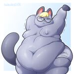 animal_crossing anthro areola artist_name belly belly_overhang big_belly biped blonde_hair blue_background blush blush_lines border boxer_briefs boxer_briefs_only chubby_cheeks clothed clothing deep_navel domestic_cat double_chin eyes_closed eyewear fat_arms fat_rolls felid feline felis femboy glasses glistening glistening_belly glistening_body gradient_background grey_body grey_nipples hair hi_res love_handles male mammal moobs navel nintendo nipples obese obese_anthro obese_male overweight overweight_anthro overweight_male portrait raised_arm raymond_(animal_crossing) robirobi simple_background solo stretch_marks stretching tail thick_thighs three-quarter_portrait three-quarter_view topless underwear underwear_only waking_up wearing_glasses white_border wide_hips