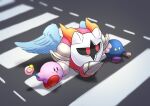  absurdres armor crosswalk galacta_knight highres holding_hands horns invincible_candy kirby kirby&#039;s_dream_land kirby_(series) mask meta_knight no_humans pauldrons pout red_eyes shibulio shoulder_armor solid_oval_eyes star_(symbol) walking wings 
