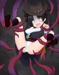  1girl ass belt black_hair black_ribbon black_socks brown_hat cameltoe cowboy_hat fate/grand_order fate_(series) gradient_background gun hair_ribbon hat highres holstered invisible_wanwan&#039;o ishtar_(fate) kneehighs long_hair long_sleeves miniskirt no_shoes open_mouth panties parted_bangs pleated_skirt rape red_belt restrained ribbon shirt skirt socks space_ishtar_(fate) tentacles twintails underwear weapon white_panties white_shirt 