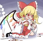  1girl ascot blonde_hair bow character_doll cosplay crystal_wings flandre_scarlet full_body hair_bow hakurei_reimu hakurei_reimu_(cosplay) highres nontraditional_miko open_mouth purabird0370 red_bow red_eyes short_hair side_ponytail sitting solo sweat touhou wariza yellow_ascot 