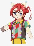  1girl absurdres blue_eyes commentary_request cropped_arms cropped_torso earrings hair_between_eyes hair_bun highres jewelry koukoutou_(seikoutoutei) looking_at_viewer love_live! love_live!_superstar!! medium_hair multicolored_shirt parted_lips red_hair short_sleeves sidelocks single_side_bun solo triangle_earrings upper_body vitamin_summer! white_background yoneme_mei 