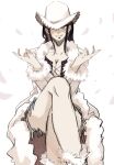  1girl black_hair coat commentary cowboy_hat cross-laced_clothes cross-laced_top crossed_arms crossed_legs fur-trimmed_coat fur_trim hat highres long_hair looking_at_viewer nico_robin one_piece petals ri_fanart sidelocks sitting smile solo white_coat white_hat 
