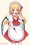  1girl alternate_costume apron blonde_hair bow bowtie crystal_wings flandre_scarlet frilled_apron frills highres maid maid_apron maid_headdress open_mouth red_eyes red_ribbon ribbon side_ponytail solo soooooook2 sweat touhou yellow_bow yellow_bowtie 