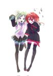 2others aqua_eyes aqua_hair aqua_necktie black_footwear black_shirt black_skirt boots cinnabar_(houseki_no_kuni) cosplay detached_sleeves embarrassed full_body grey_skirt hatsune_miku hatsune_miku_(cosplay) highres houseki_no_kuni kasane_teto kasane_teto_(cosplay) looking_at_viewer multiple_others necktie open_mouth phosphophyllite pleated_skirt red_eyes red_hair shirt simple_background skirt standing standing_on_one_leg subscripxles thigh_boots utau vocaloid white_background white_shirt 